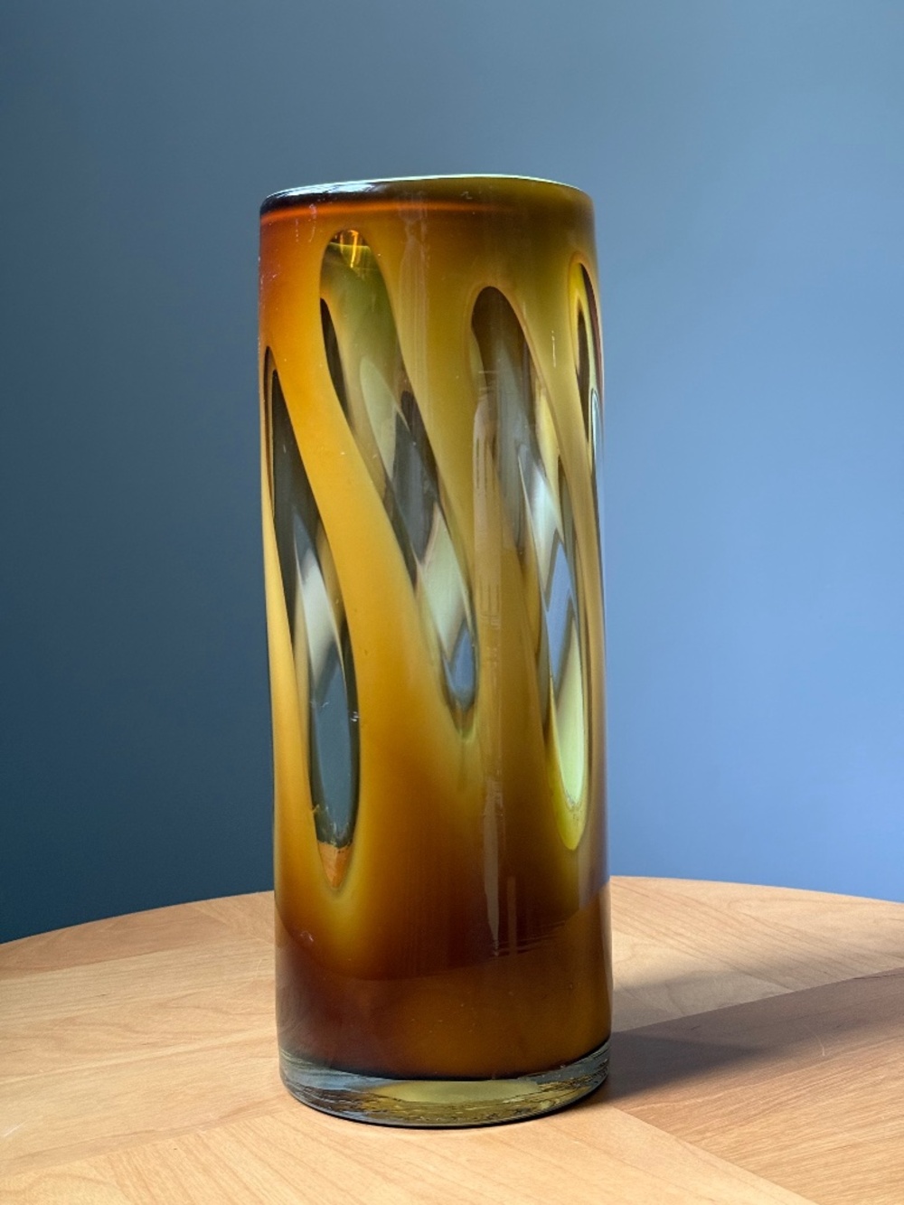 Large 12" Contemporary Olive Brown Window Blown Glass Art Candle Flower Vase